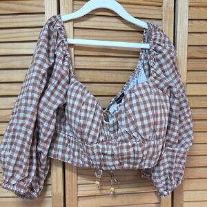 Puff Sleeve Plaid Crop Top